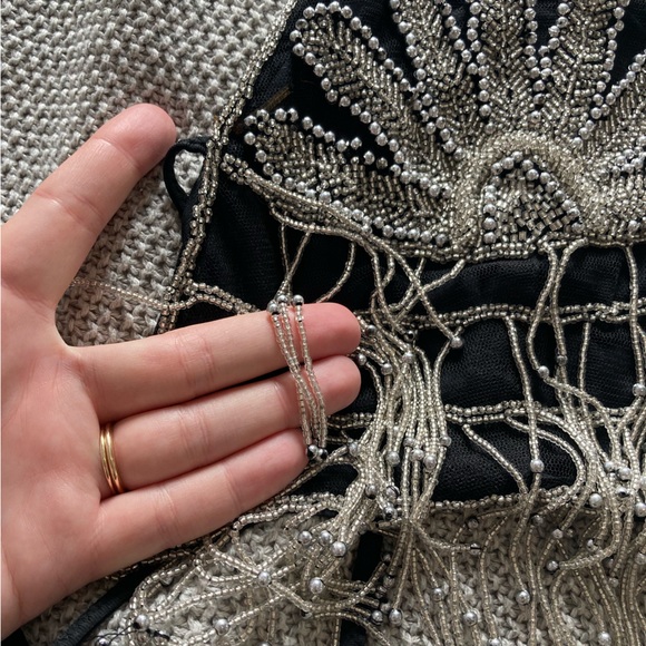 Black and Silver Beaded Festival Bellydance Crop Top with Beaded Fringe Medium - Picture 3 of 7